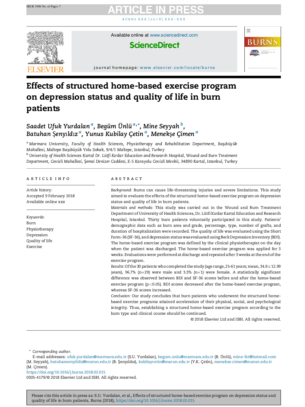 اثرات برنامه ورزش مبتنی بر ساختار یافته بر وضعیت افسردگی و کیفیت زندگی بیماران سوختگی 