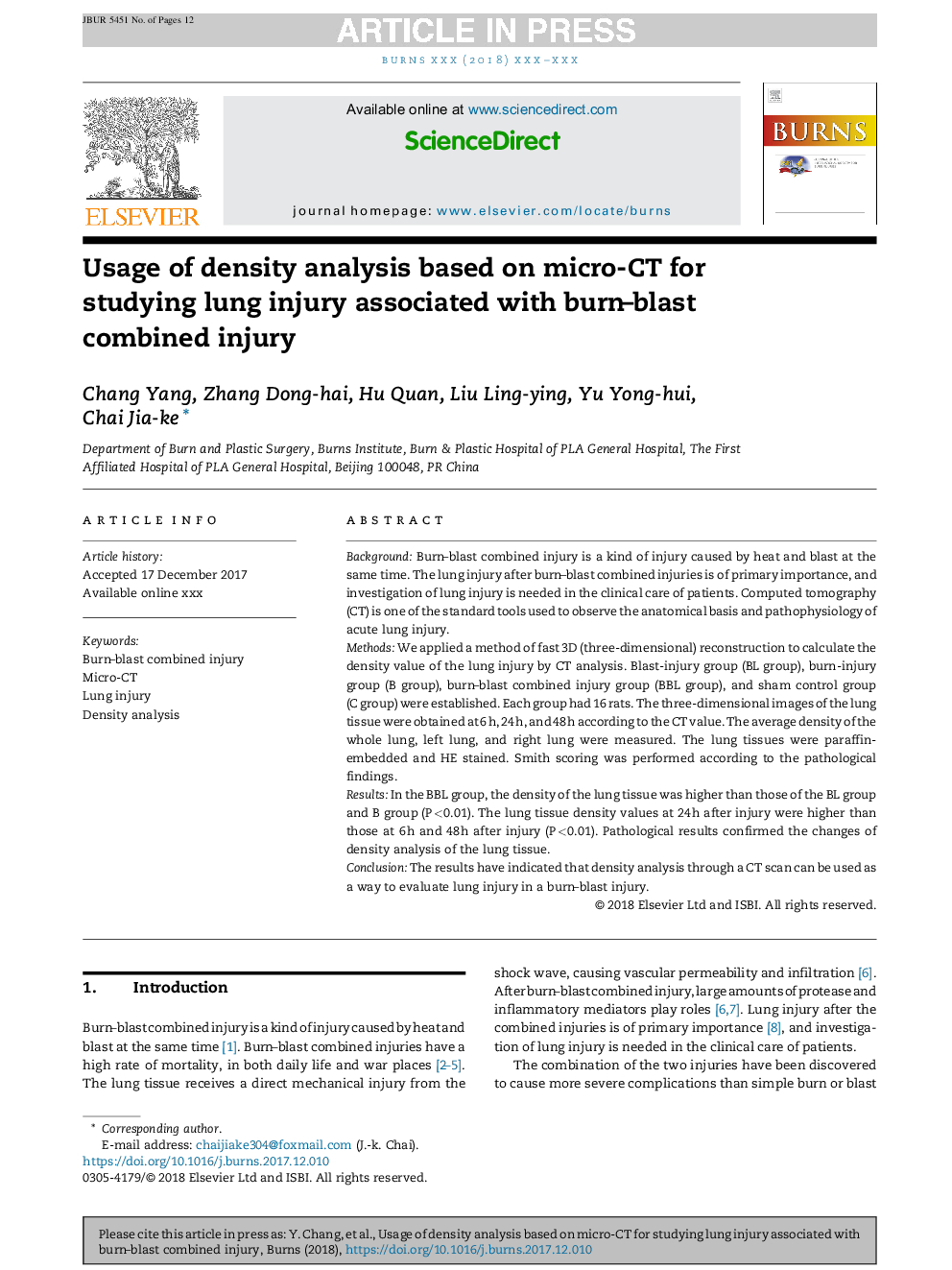 Usage of density analysis based on micro-CT for studying lung injury associated with burn-blast combined injury