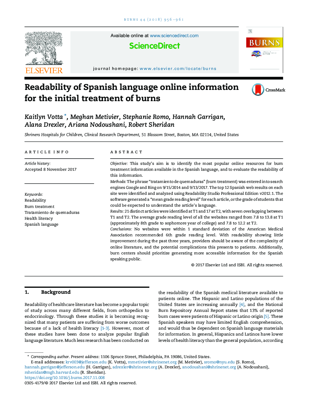 قابلیت خواندن اطلاعات آنلاین اسپانیایی برای درمان اولیه سوختگی 
