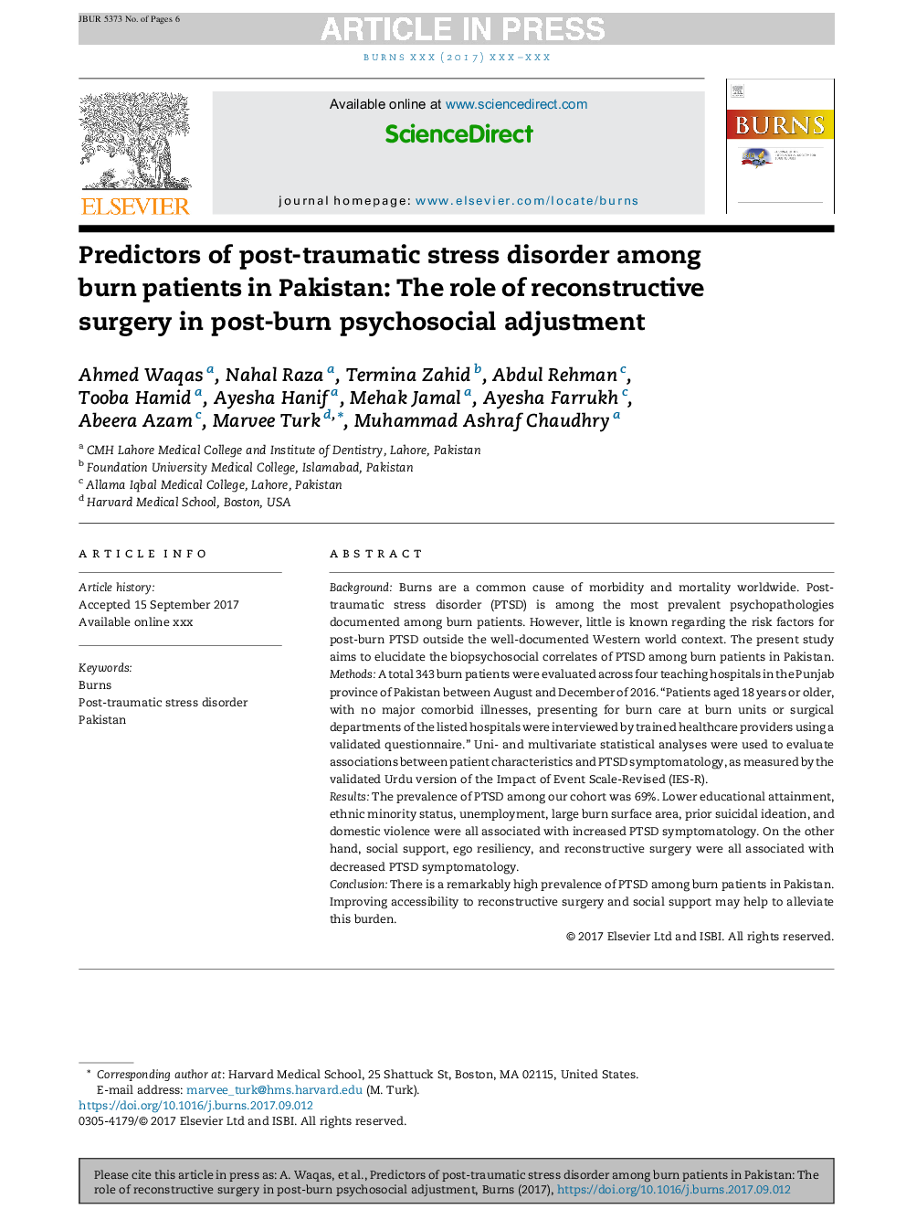 Predictors of post-traumatic stress disorder among burn patients in Pakistan: The role of reconstructive surgery in post-burn psychosocial adjustment