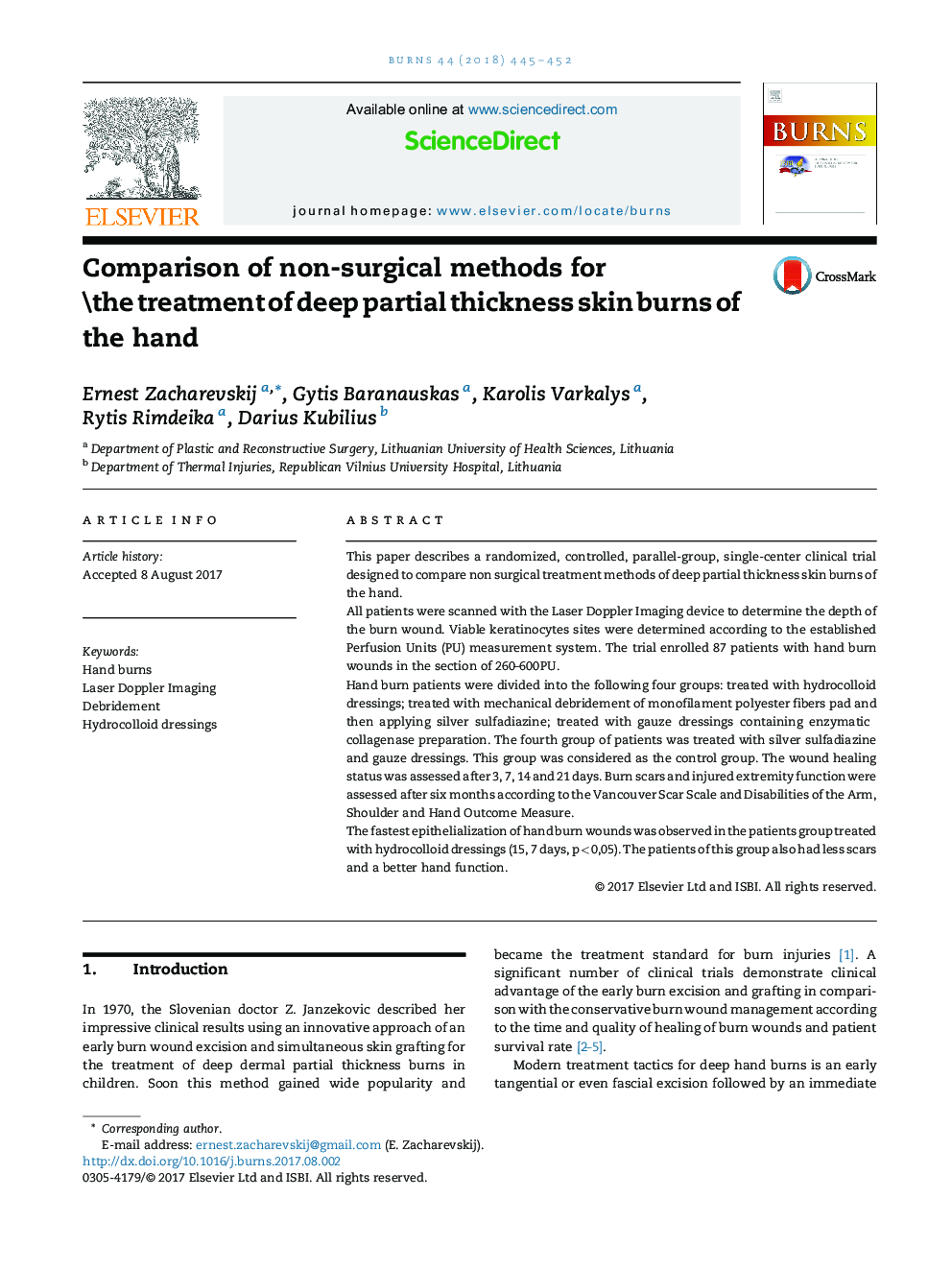 Comparison of non-surgical methods for the treatment of deep partial thickness skin burns of the hand