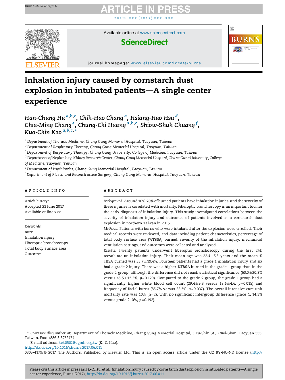 Inhalation injury caused by cornstarch dust explosion in intubated patients-A single center experience