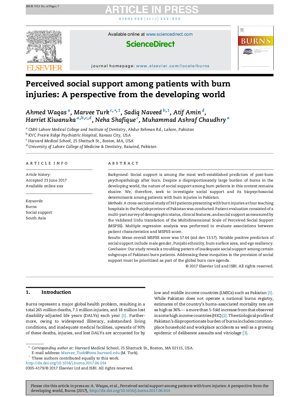 Perceived social support among patients with burn injuries: A perspective from the developing world