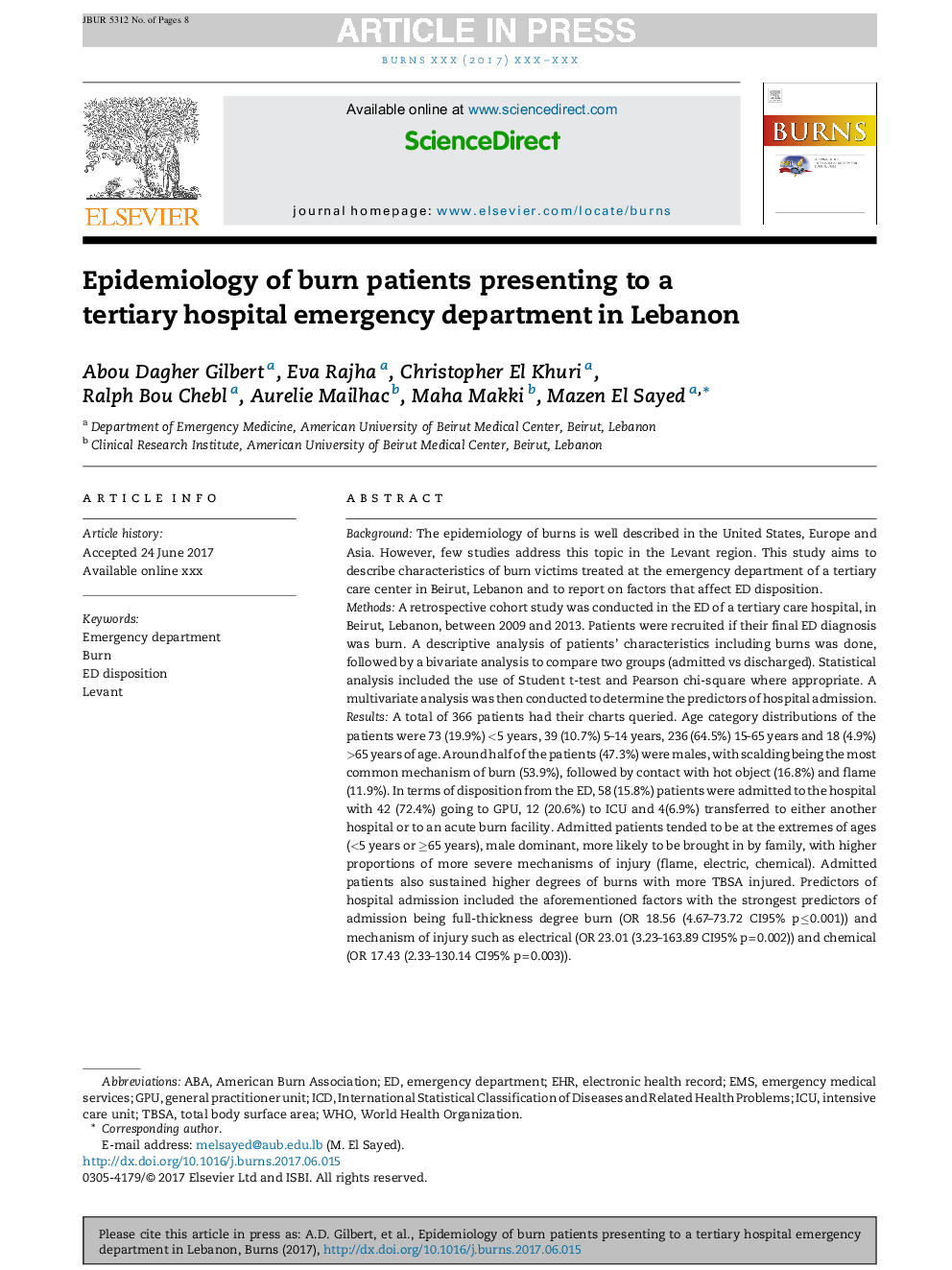 اپیدمیولوژی سوختگی بیمارانی که در بخش اورژانس بیمارستان در لبنان حضور دارند 