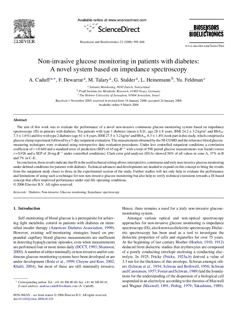 Non-invasive glucose monitoring in patients with diabetes: A novel system based on impedance spectroscopy