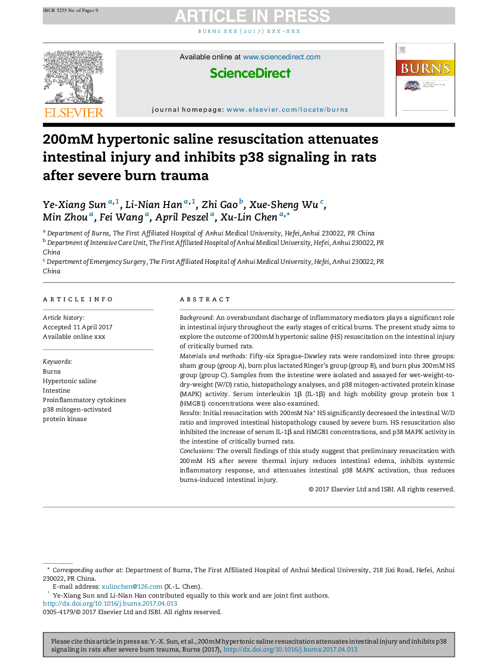 200Â mM hypertonic saline resuscitation attenuates intestinal injury and inhibits p38 signaling in rats after severe burn trauma