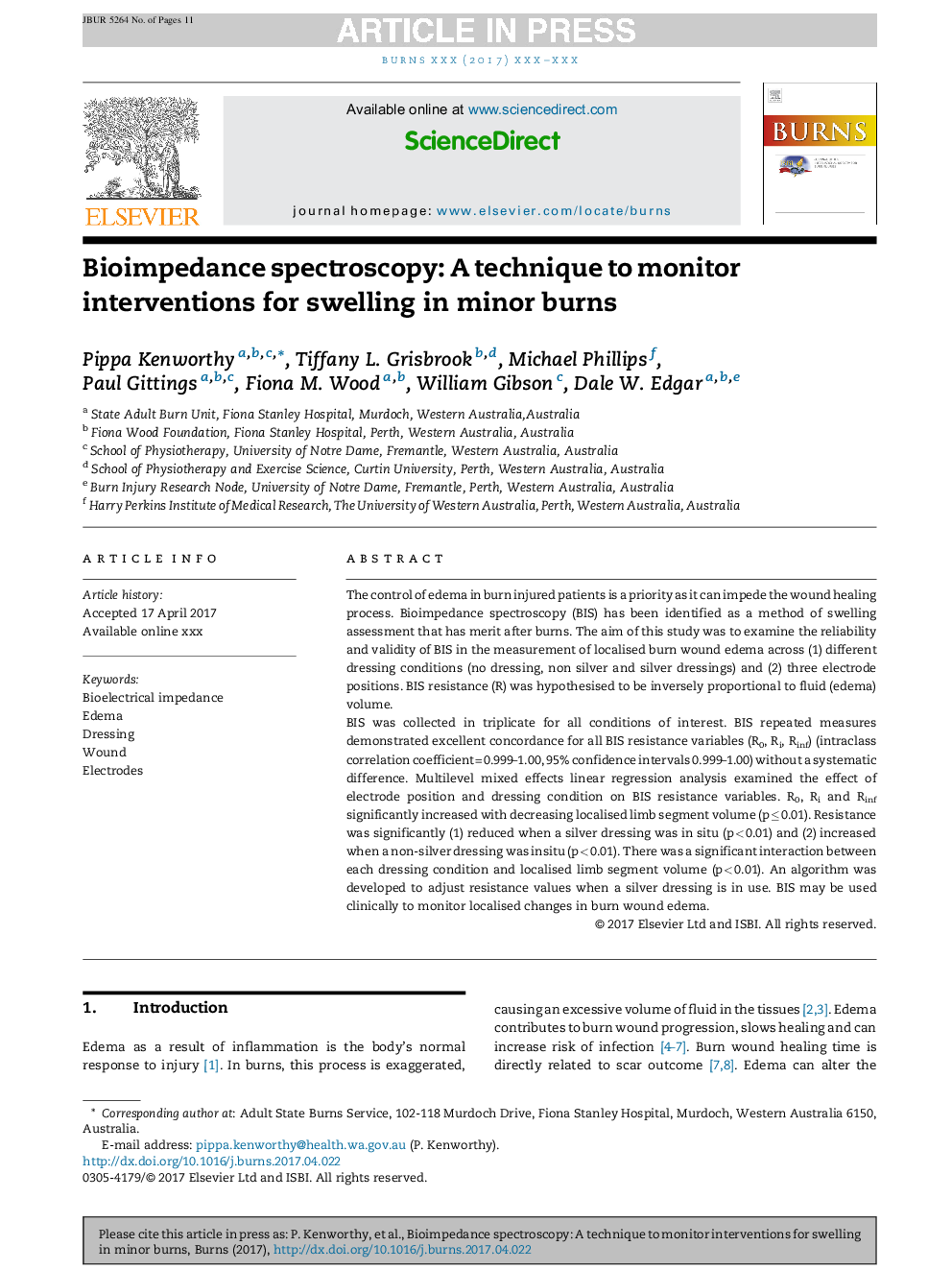 Bioimpedance spectroscopy: A technique to monitor interventions for swelling in minor burns