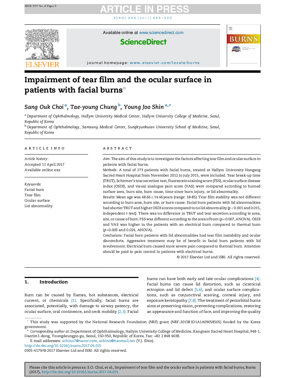 Impairment of tear film and the ocular surface in patients with facial burns