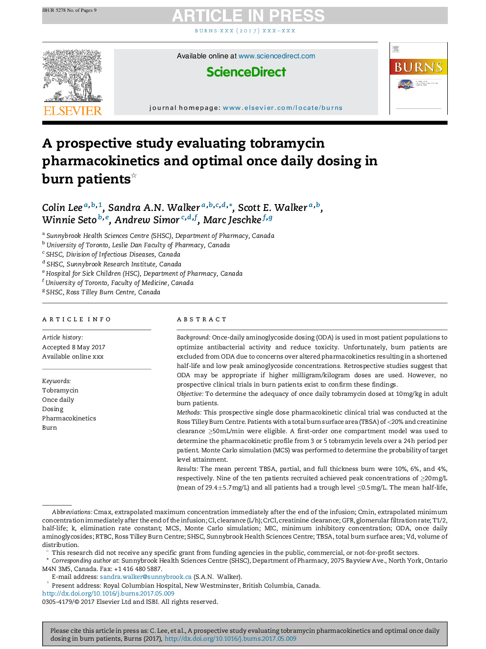 A prospective study evaluating tobramycin pharmacokinetics and optimal once daily dosing in burn patients