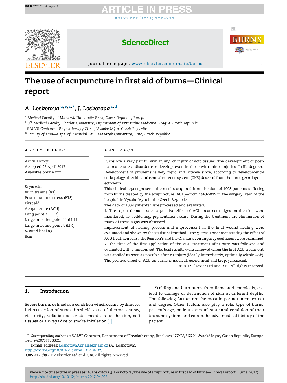 The use of acupuncture in first aid of burns-Clinical report