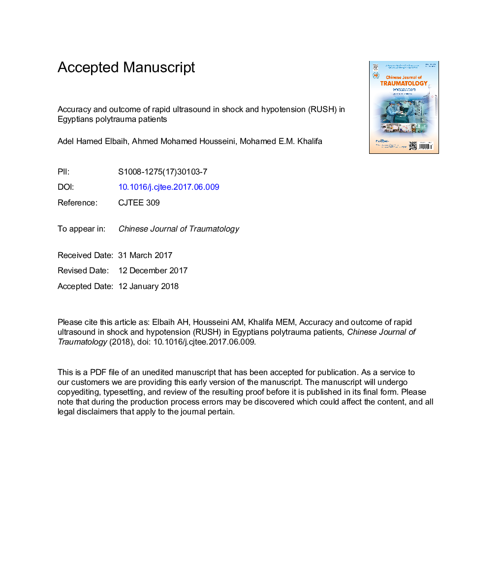 Accuracy and outcome of rapid ultrasound in shock and hypotension (RUSH) inÂ Egyptian polytrauma patients