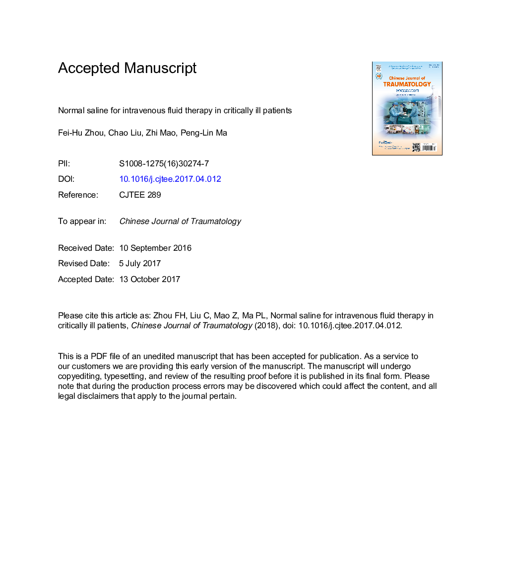 Normal saline for intravenous fluid therapy in critically ill patients