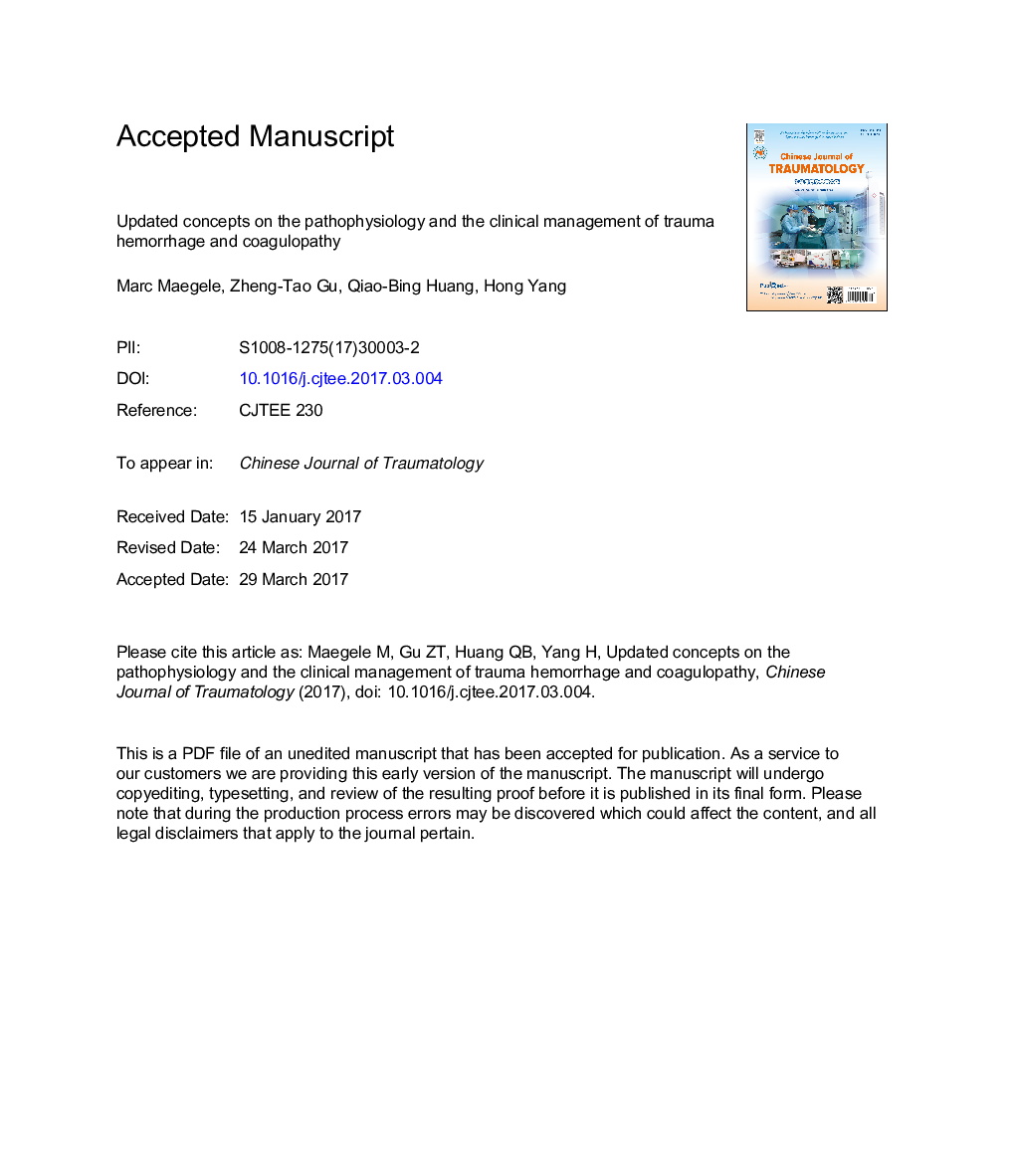 Updated concepts on the pathophysiology and the clinical management of trauma hemorrhage and coagulopathy