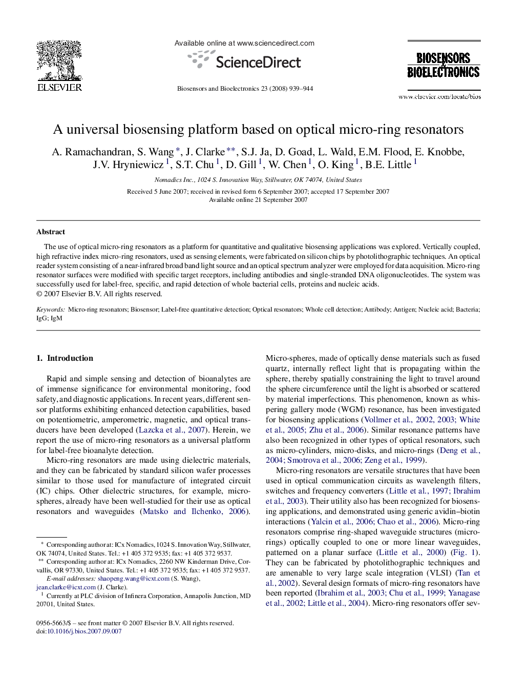 A universal biosensing platform based on optical micro-ring resonators