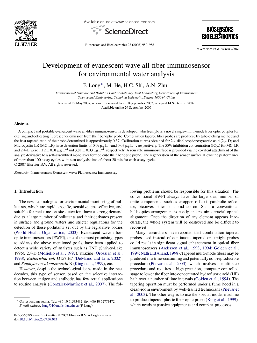 Development of evanescent wave all-fiber immunosensor for environmental water analysis