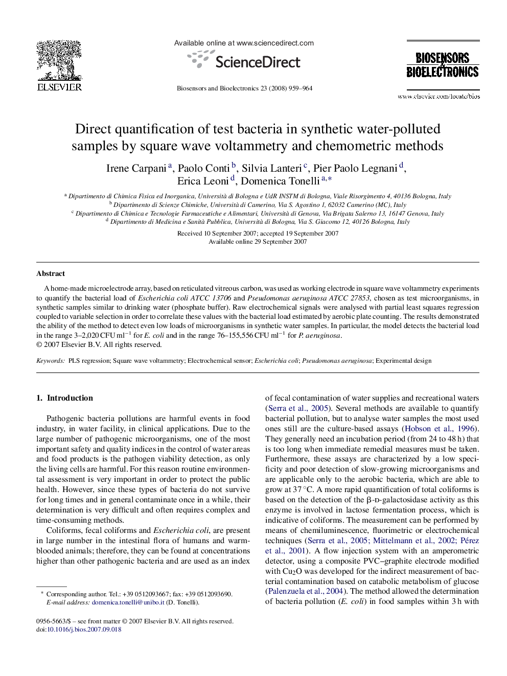 Direct quantification of test bacteria in synthetic water-polluted samples by square wave voltammetry and chemometric methods