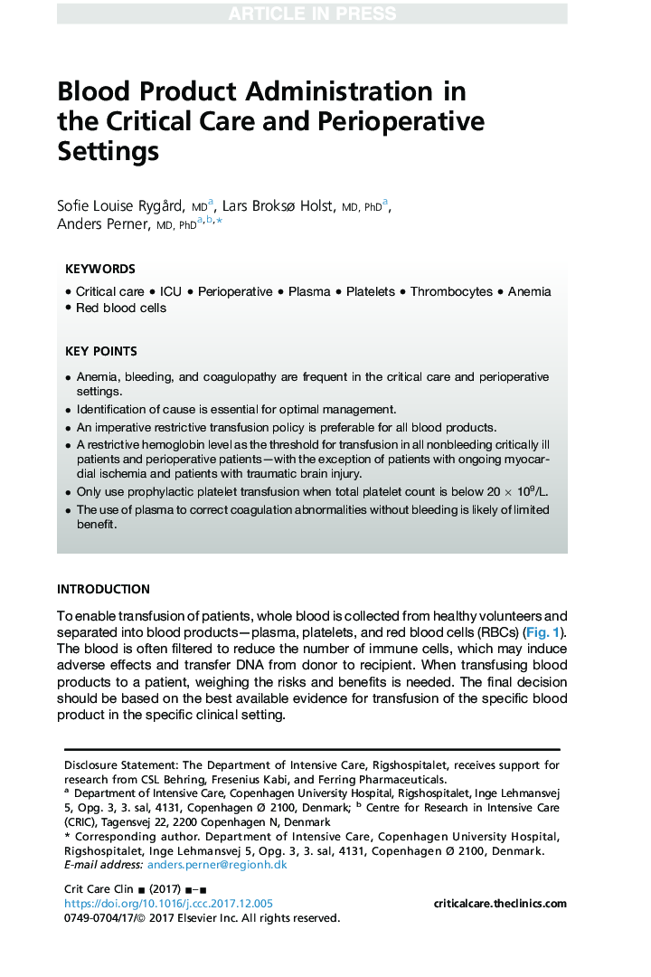 Blood Product Administration in the Critical Care and Perioperative Settings