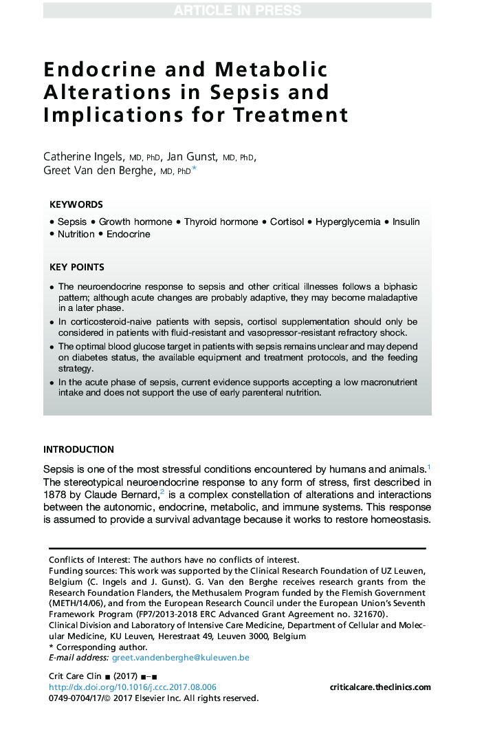 Endocrine and Metabolic Alterations in Sepsis and Implications for Treatment