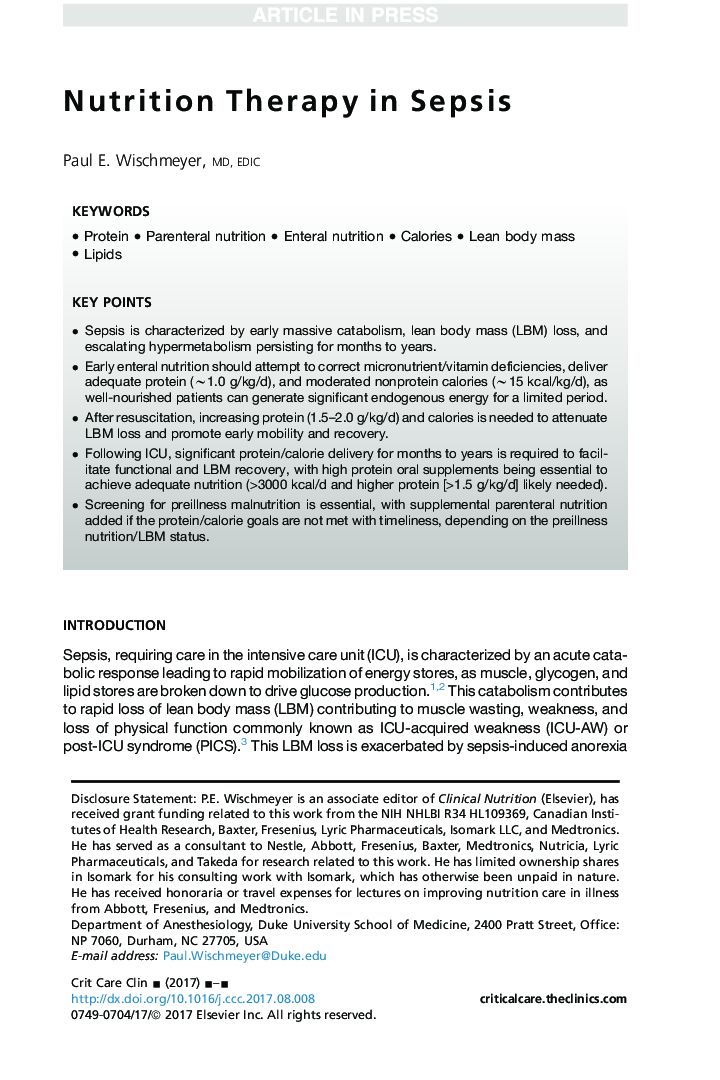 Nutrition Therapy in Sepsis