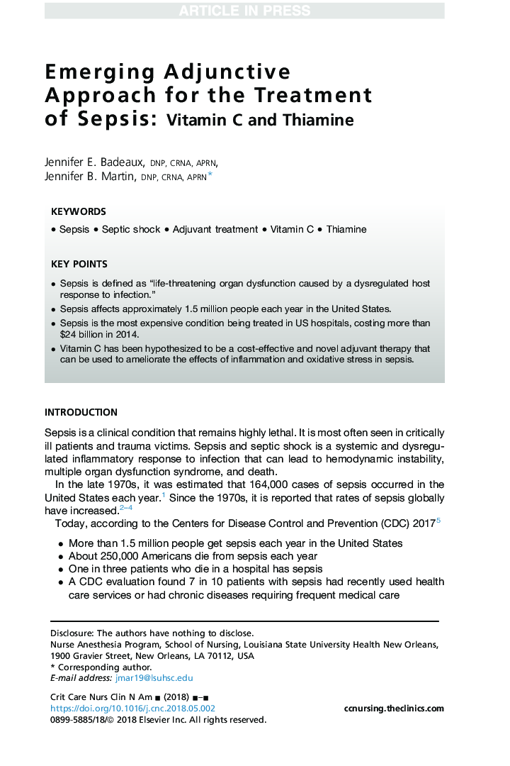 Emerging Adjunctive Approach for the Treatment of Sepsis