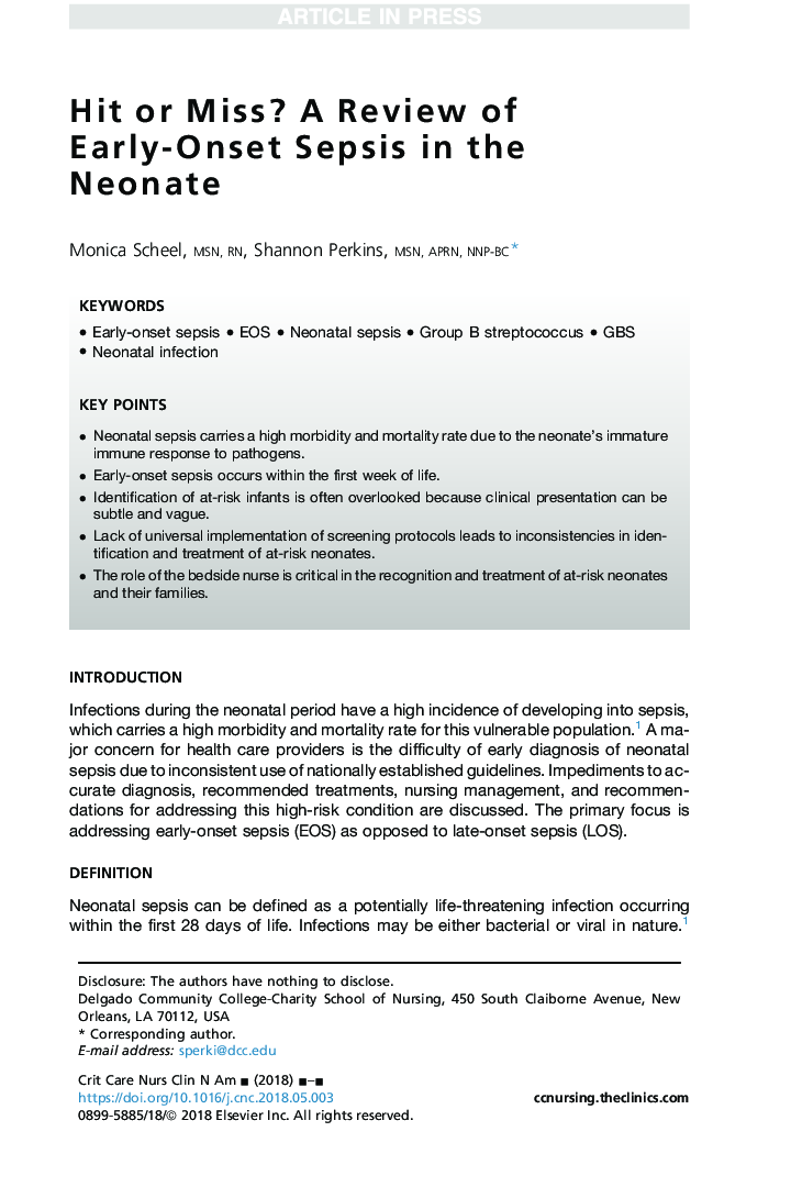 Hit or Miss? A Review of Early-Onset Sepsis in the Neonate