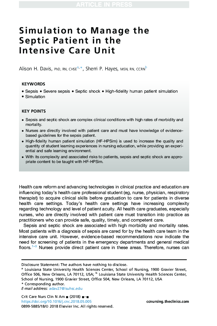 Simulation to Manage the Septic Patient in the Intensive Care Unit