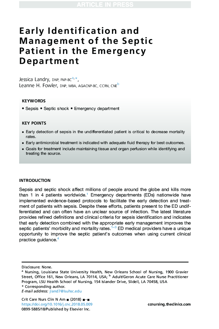 Early Identification and Management of the Septic Patient in the Emergency Department