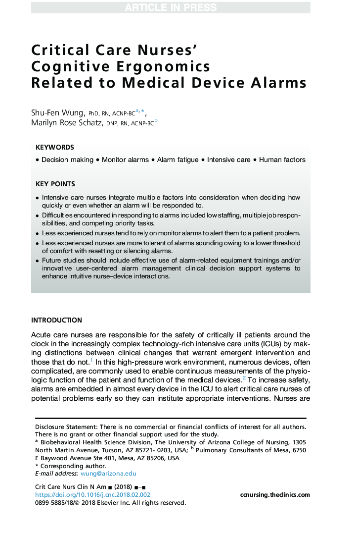 Critical Care Nurses' Cognitive Ergonomics Related to Medical Device Alarms