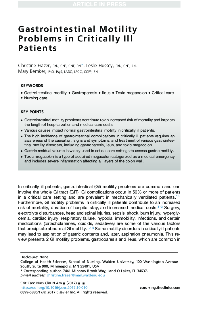 Gastrointestinal Motility Problems in Critically Ill Patients