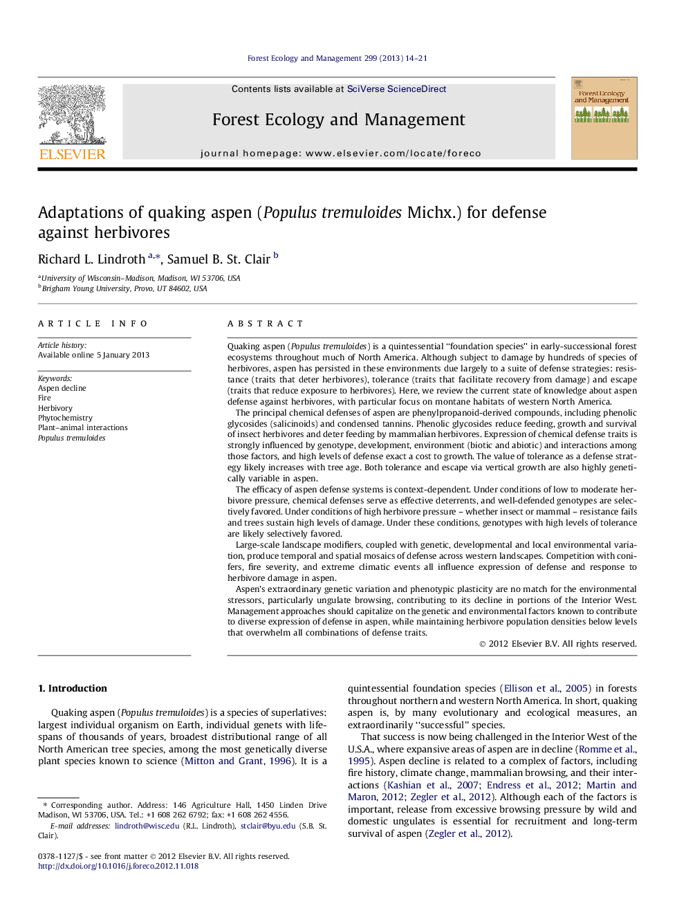 Adaptations of quaking aspen (Populus tremuloides Michx.) for defense against herbivores