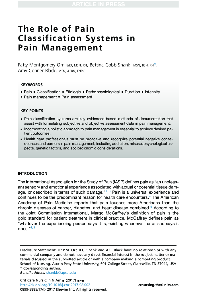 The Role of Pain Classification Systems in Pain Management