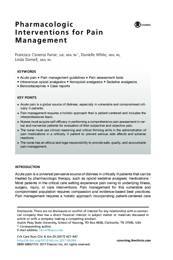 Pharmacologic Interventions for Pain Management