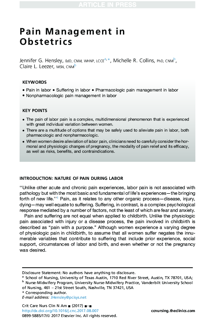 Pain Management in Obstetrics