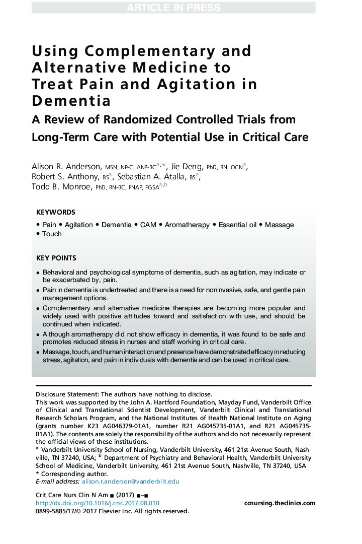 Using Complementary and Alternative Medicine to Treat Pain and Agitation in Dementia