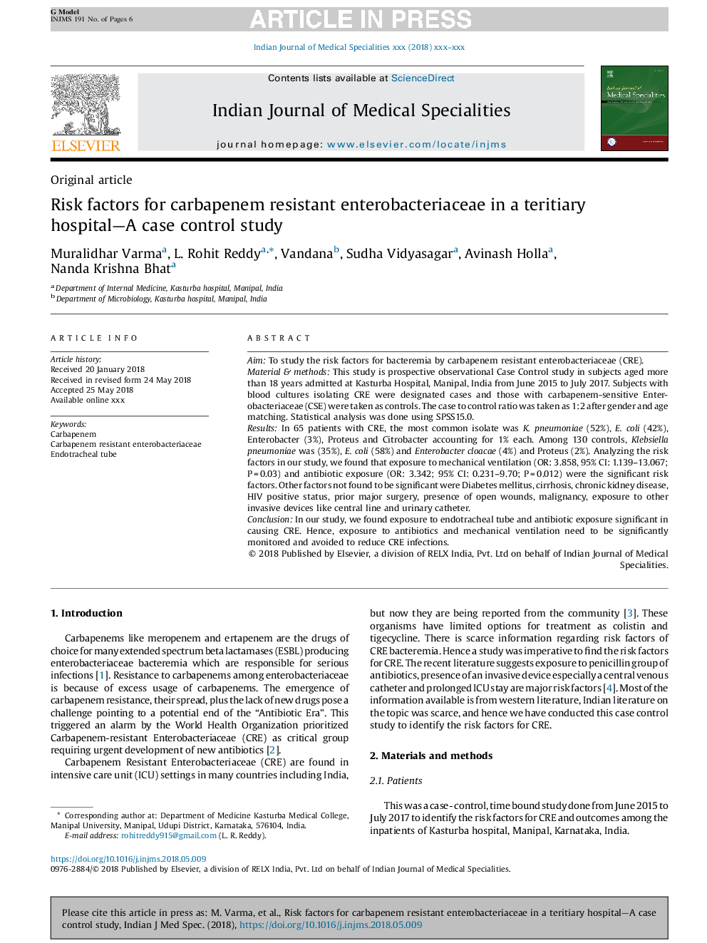 Risk factors for carbapenem resistant enterobacteriaceae in a teritiary hospital-A case control study