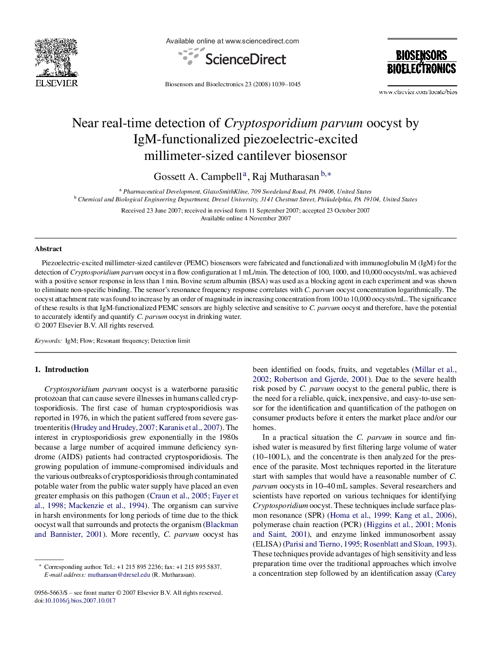 Near real-time detection of Cryptosporidium parvum oocyst by IgM-functionalized piezoelectric-excited millimeter-sized cantilever biosensor