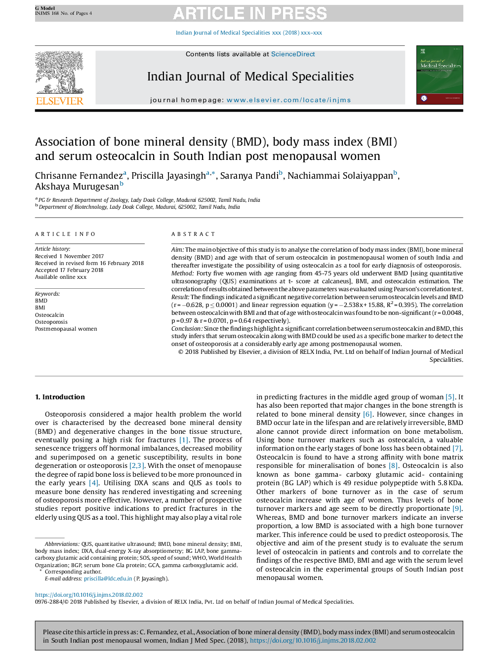 Association of bone mineral density (BMD), body mass index (BMI) and serum osteocalcin in South Indian post menopausal women