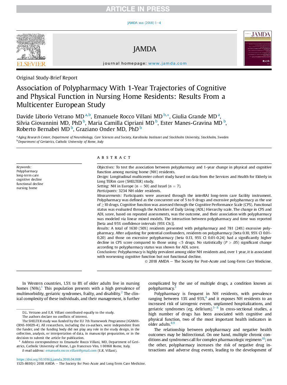 Association of Polypharmacy With 1-Year Trajectories of Cognitive and Physical Function in Nursing Home Residents: Results From a Multicenter European Study