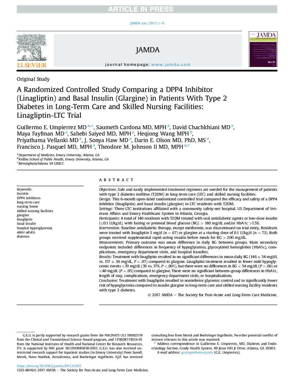 A Randomized Controlled Study Comparing a DPP4 Inhibitor (Linagliptin) and Basal Insulin (Glargine) in Patients With Type 2 Diabetes in Long-term Care and Skilled Nursing Facilities: Linagliptin-LTC Trial