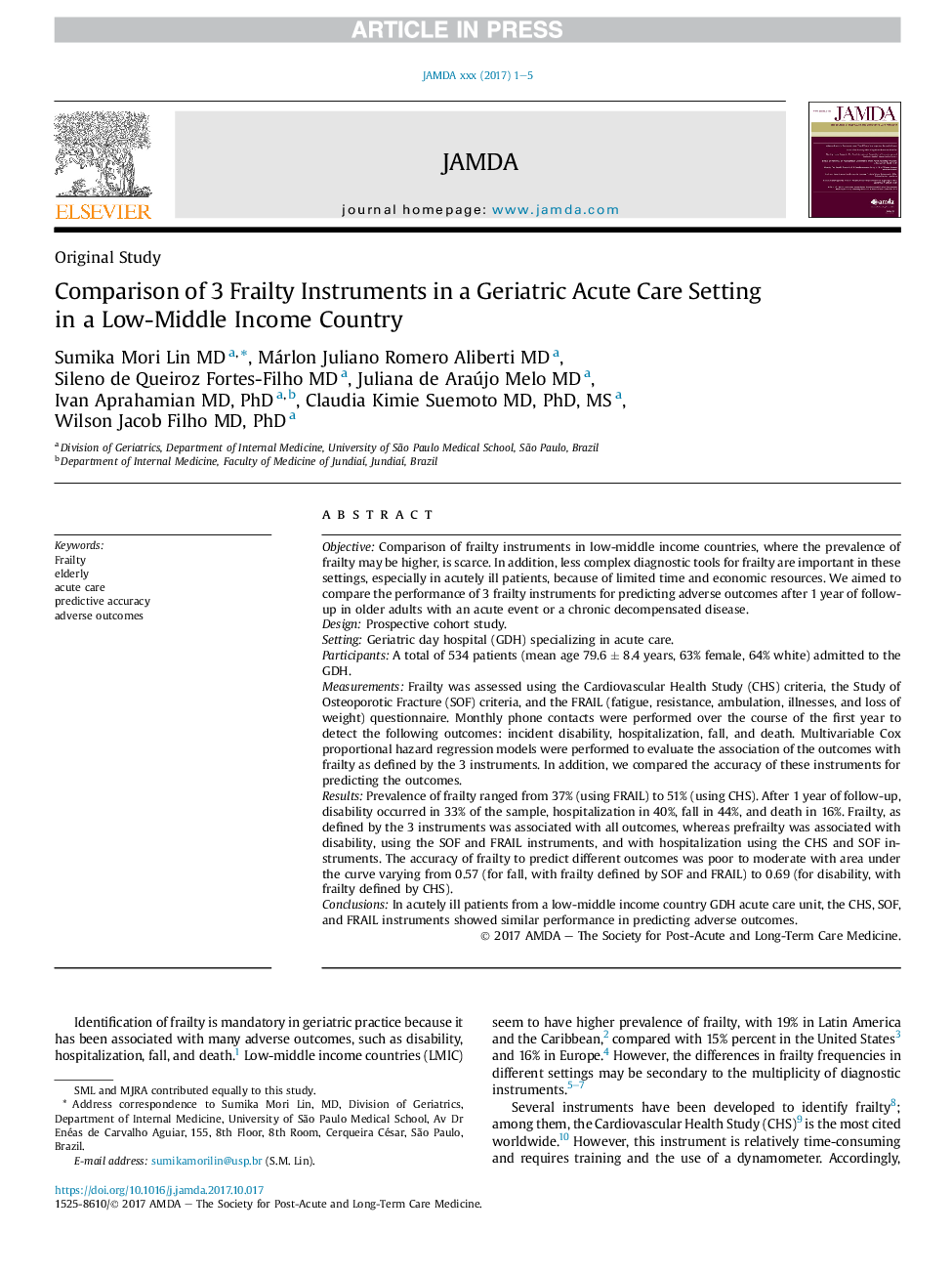 Comparison of 3 Frailty Instruments in a Geriatric Acute Care Setting in a Low-Middle Income Country