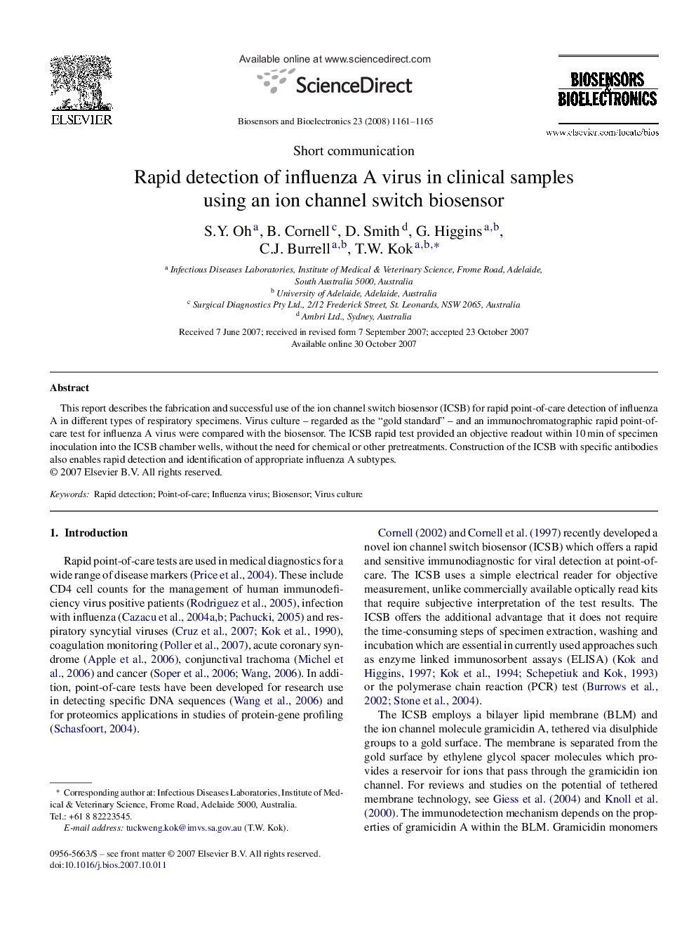 Rapid detection of influenza A virus in clinical samples using an ion channel switch biosensor