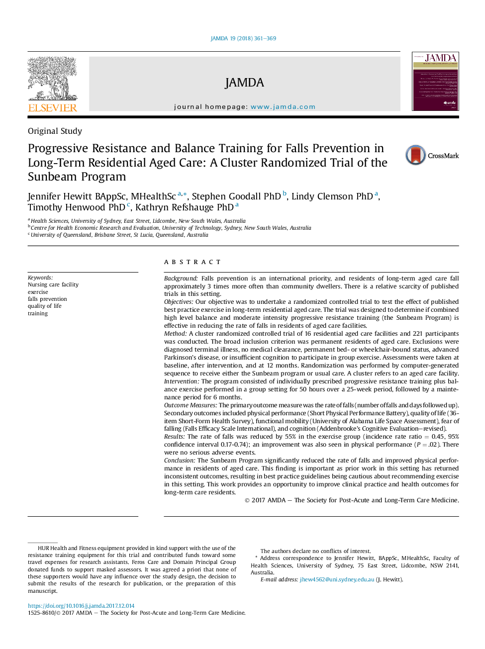 Progressive Resistance and Balance Training for Falls Prevention in Long-Term Residential Aged Care: A Cluster Randomized Trial of the Sunbeam Program