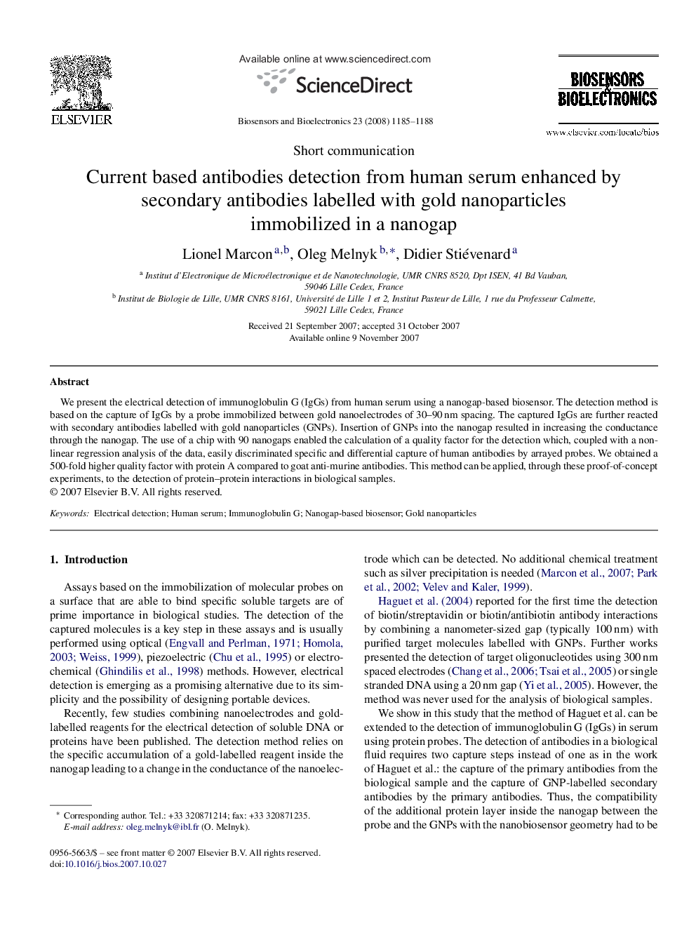 Current based antibodies detection from human serum enhanced by secondary antibodies labelled with gold nanoparticles immobilized in a nanogap