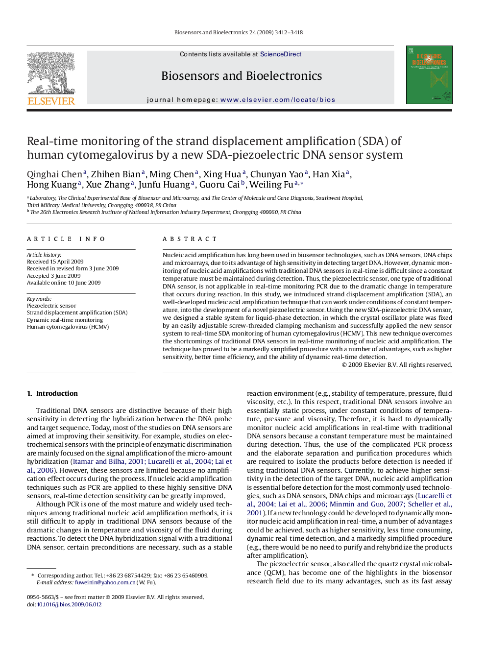 Real-time monitoring of the strand displacement amplification (SDA) of human cytomegalovirus by a new SDA-piezoelectric DNA sensor system