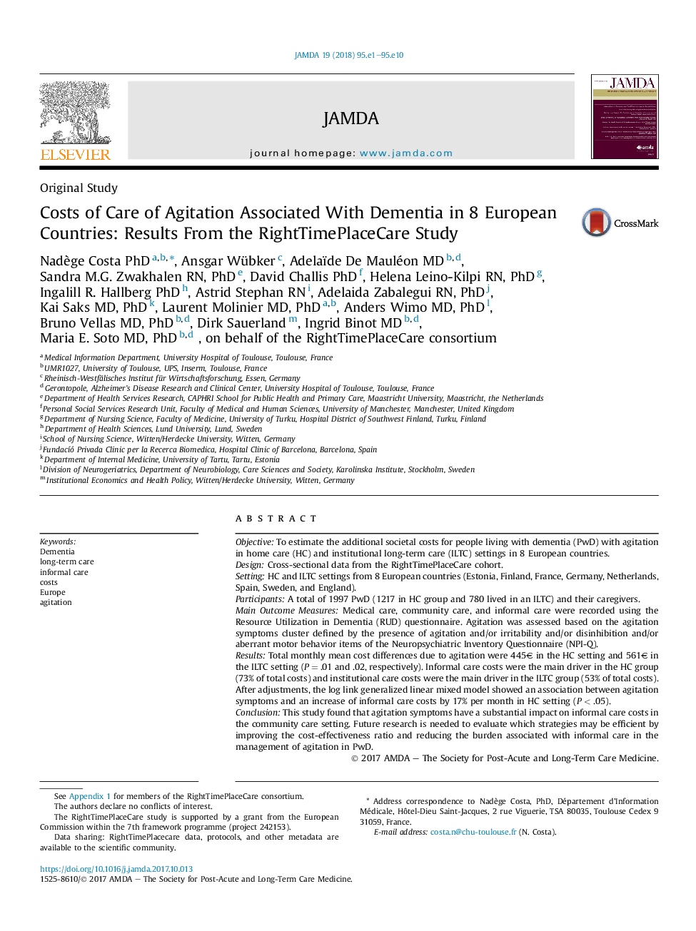 Costs of Care of Agitation Associated With Dementia in 8 European Countries: Results From the RightTimePlaceCare Study