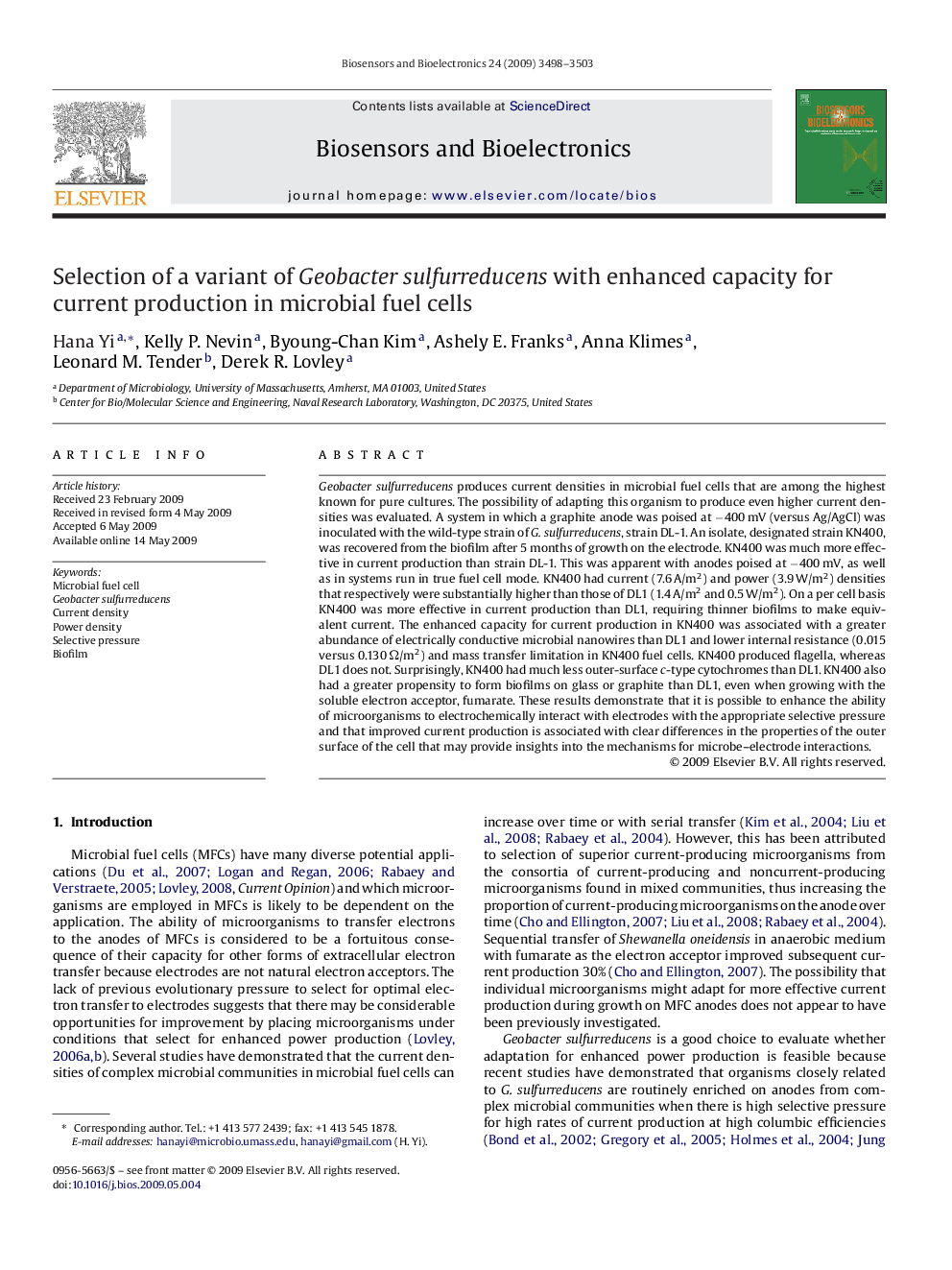 Selection of a variant of Geobacter sulfurreducens with enhanced capacity for current production in microbial fuel cells