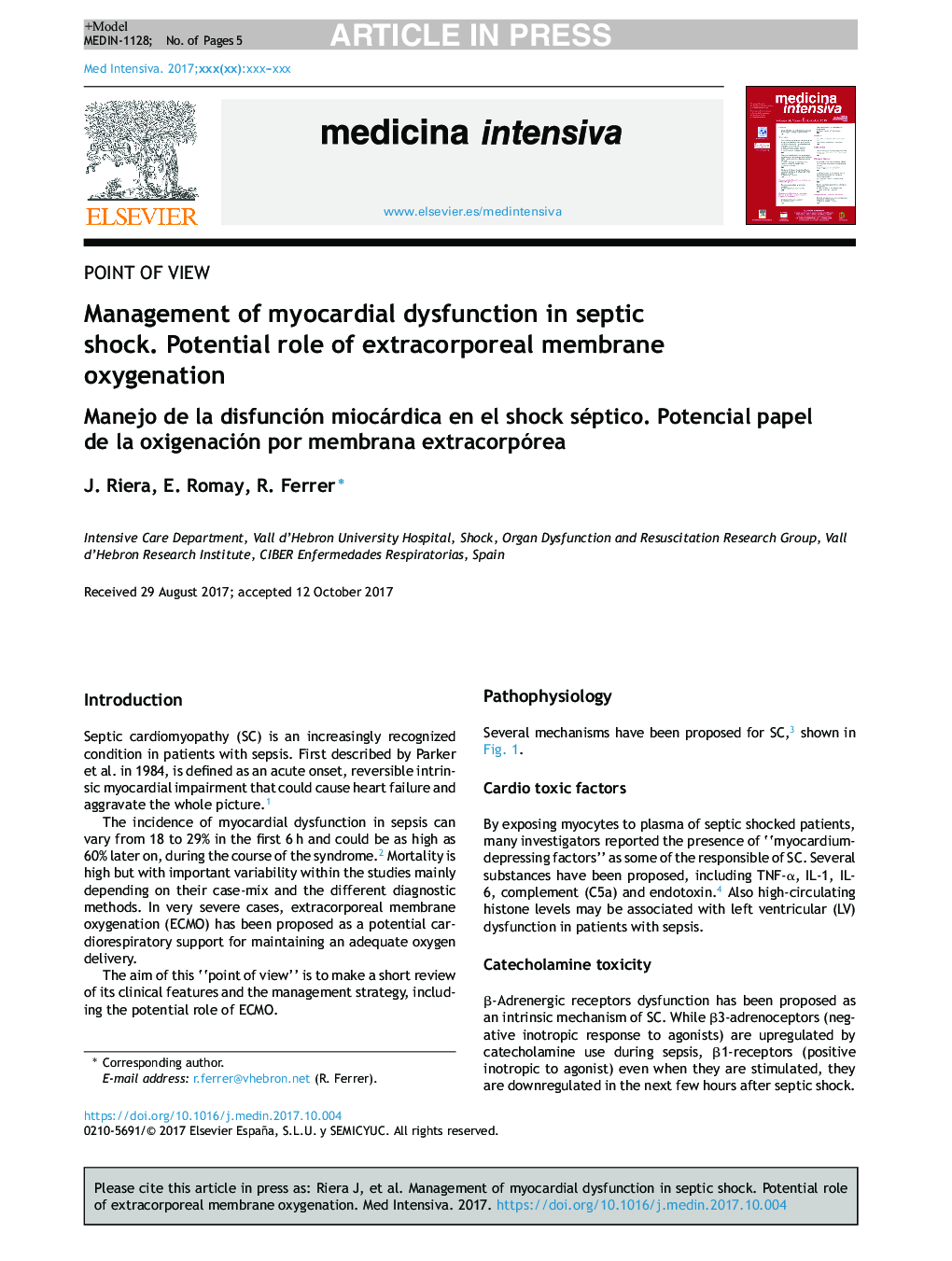 Management of myocardial dysfunction in septic shock. Potential role of extracorporeal membrane oxygenation