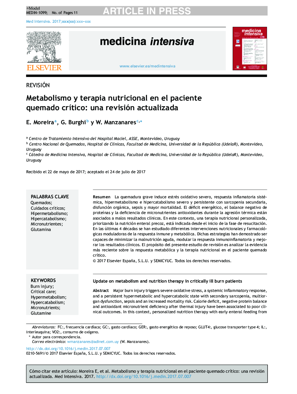 Metabolismo y terapia nutricional en el paciente quemado crÃ­tico: una revisión actualizada