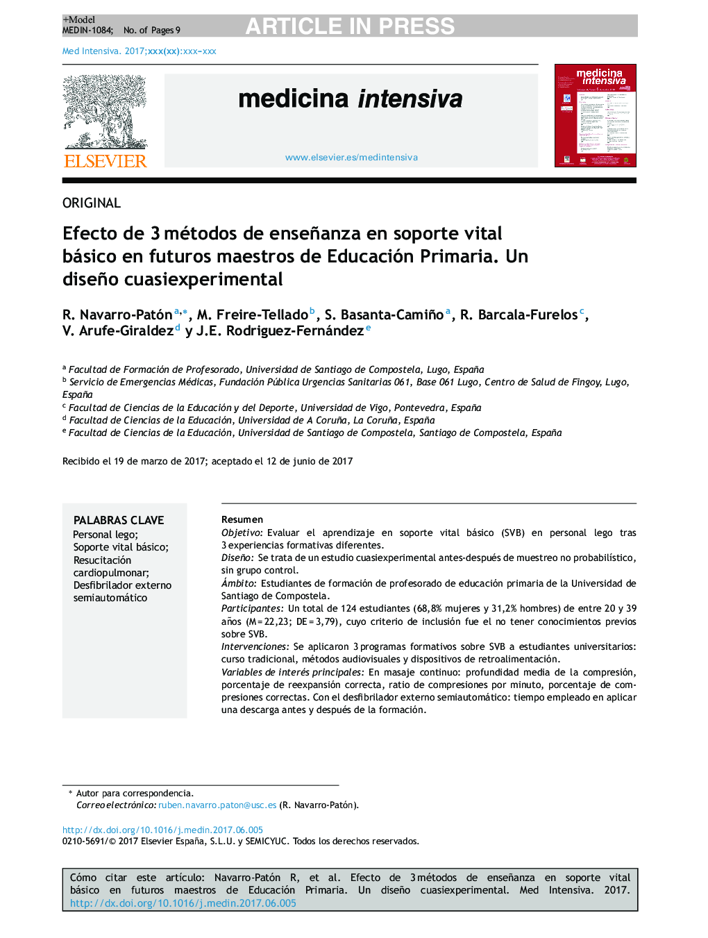 Efecto de 3Â métodos de enseñanza en soporte vital básico en futuros maestros de Educación Primaria. Un diseño cuasiexperimental