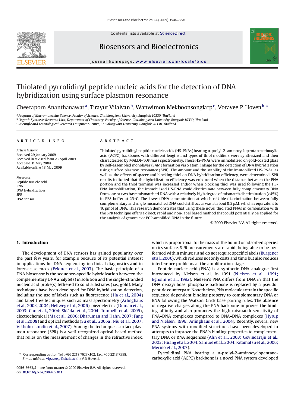 Thiolated pyrrolidinyl peptide nucleic acids for the detection of DNA hybridization using surface plasmon resonance